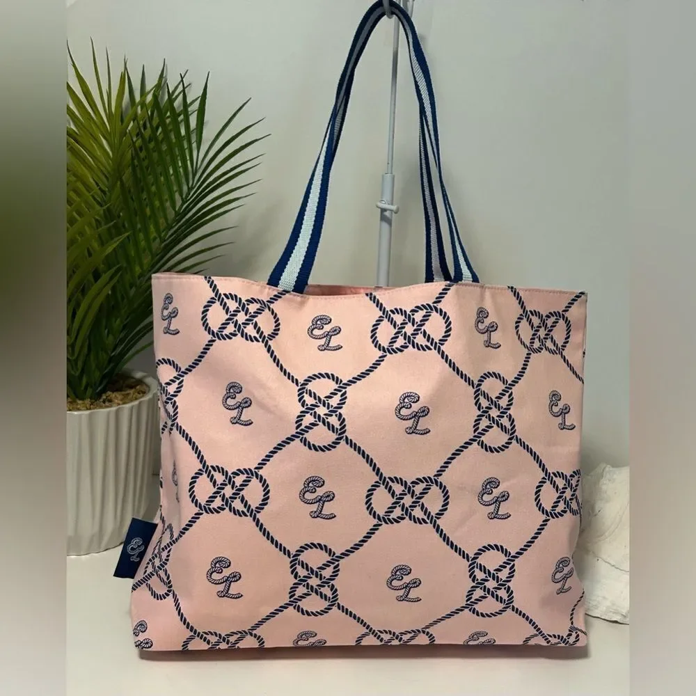 Estée Lauder Pink Blue Nautical Logo Canvas Tote Bag Beach Travel Shopper - Picture 12 of 15
